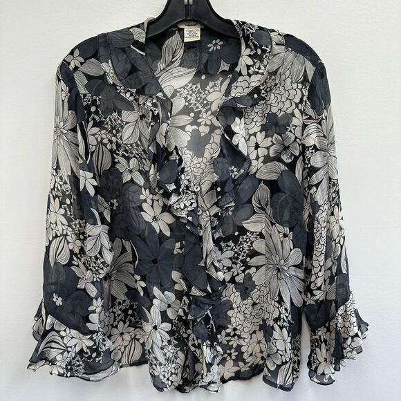 Vintage Y2K 100% Silk Ruffle Boho Floral Shirt Semi Sheer Blouse Size L - Picture 7 of 10